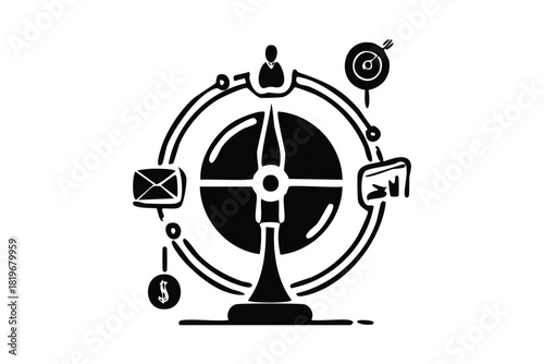 Business Strategy Compass Silhouette Guiding Direction with Financial Marketing Icons