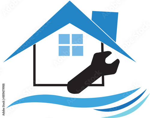 Home repair logo with wrench and water