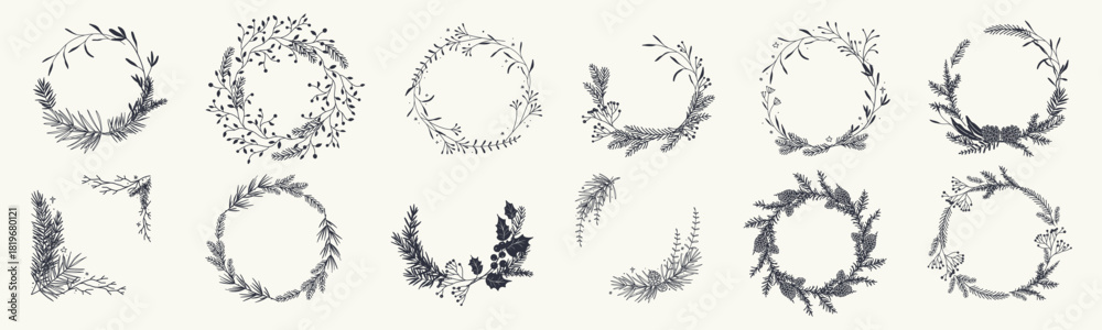 Fototapeta premium Christmas wreaths and frames with fir branches, berries, leaves, pine cones and snowflakes. Winter floral decor. Vector illustration hand-drawn in sketch style