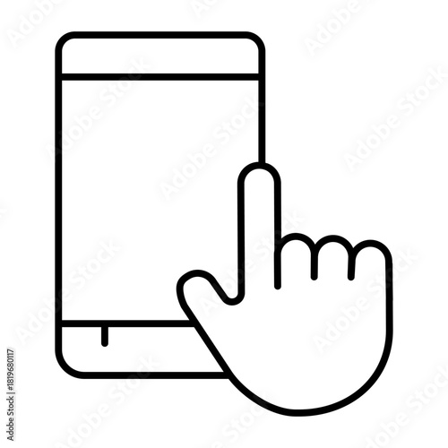 Touchscreen phone upright thin line icon, using smartphone concept, touch screen with index finger sign on white background, outline style for mobile web design. Vector graphics.