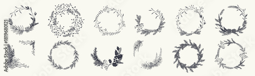 Christmas wreaths and frames with fir branches, berries, leaves, pine cones and snowflakes. Winter floral decor. Vector illustration hand-drawn in sketch style