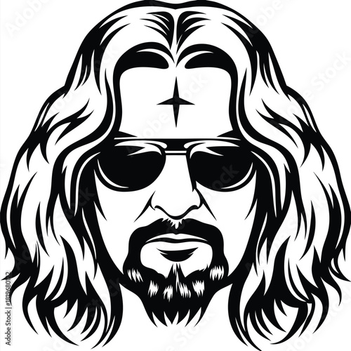 Bearded man with long hair wearing sunglasses is portrayed in black silhouette