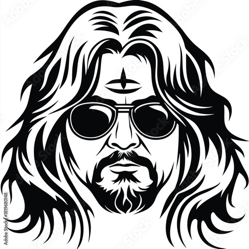 Blackandwhite portrait shows an Indian man with a third eye wearing sunglasses