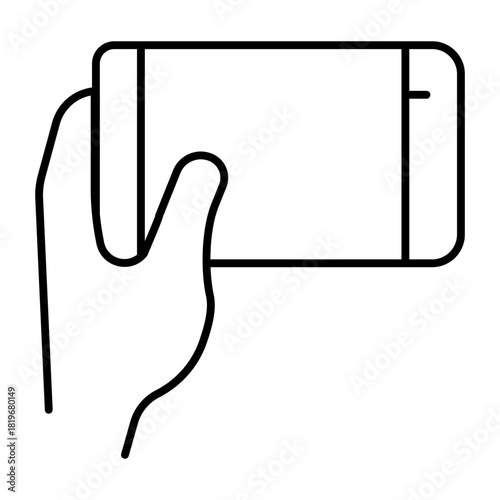 Touchscreen phone held horizontally thin line icon, using smartphone concept, cellphone straight in hand sign on white background, outline style for mobile web design. Vector graphics.