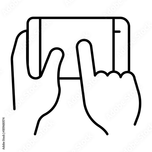 Phone held in hand thin line icon, using smartphone concept, touchscreen mobile phone with finger sign on white background, outline style for mobile web design. Vector graphics.