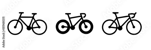 Three Black Minimalist Bicycle Icons: Vector Set of Simple Bike Silhouettes Featuring Road, Mountain, and Commuter Styles for Transportation and Fitness Design