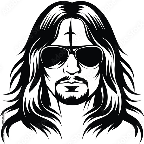 Illustration shows a stylish man with long flowing hair wearing sunglasses and a goatee