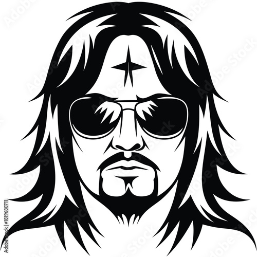 Black haired man with sunglasses shows facial hair and star on forehead