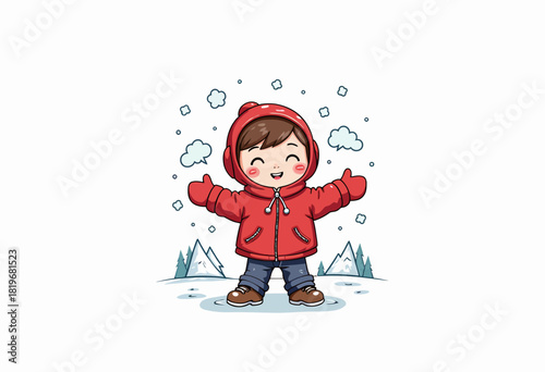 Cheerful Child in Cozy Red Winter Coat Enjoys Fresh Snowfall Amidst Scenic Snowy Mountain Landscape Background Illustration