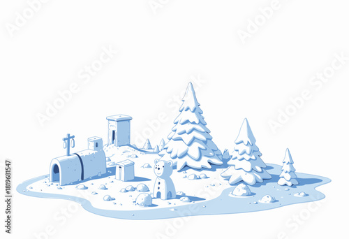 Serene snow-covered landscape with snowy trees, a whimsical snowman, frosty mailboxes, and gentle hills creating a peaceful winter wonderland scene