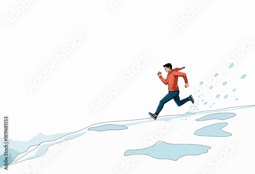 Dynamic Illustration of a Man Running Briskly Across a Snowy Landscape with Patches Set Against a Clear Sky Background