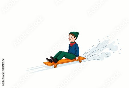 Young Child Joyfully Sliding Downhill on an Orange Sled in a Snowy Winter Landscape with Clear Blue Sky and Fresh White Snowdrifts