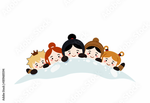 Illustration of Five Smiling Children Dressed in Winter Attire Peeking Over a Snowy Hilltop with Playful Expressions on a Clear White Background