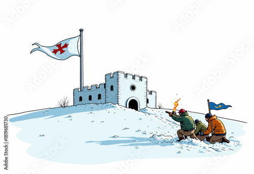 Snow Fortress Battle with Toy Weapons and Costumed Participants in Wintery Landscape
