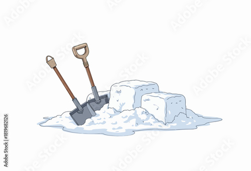 Two Shovels Resting in a Pile of Snow with Two Large Snow Blocks Against a Clear Background