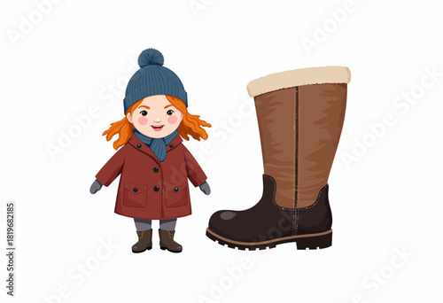 Illustration of a smiling child dressed in winter apparel next to a large brown winter boot with fur trim on a white background