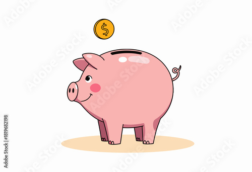 Illustration of a cheerful pink piggy bank with a single coin dropping into its slot, symbolizing savings, financial security, and smart money management