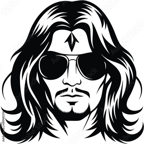 Black and white silhouette depicts a cool man with long hair wearing sunglasses