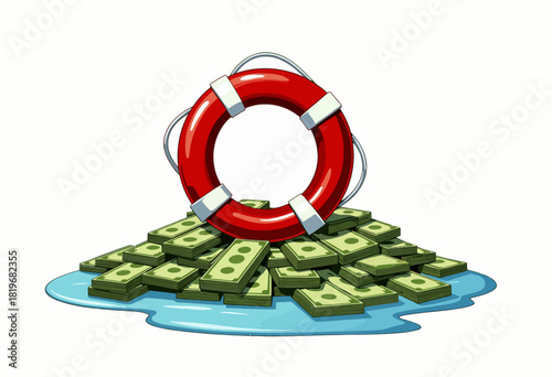 Lifebuoy Securing a Pile of Cash Symbolizing Financial Protection and Economic Stability in Uncertain Times