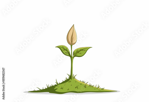 Illustration of a Green Plant Sprouting on Grass Patch Depicting Growth and Nature with a Focus on Fresh Leafy Bud in a Minimalistic Artistic Style