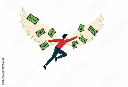 Illustration of a Person with Wings Made of Dollar Bills, Symbolizing Financial Freedom and Aspiration, Against a Minimalist White Background