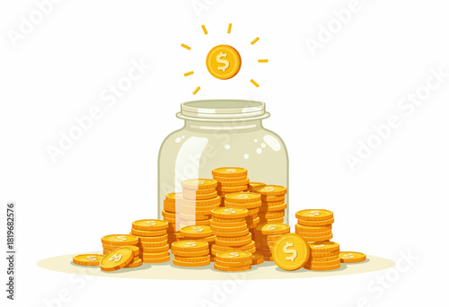 Illustration of a Glass Jar Overflowing with Gold Coins and a Floating Coin Highlighting Financial Growth and Savings Concept