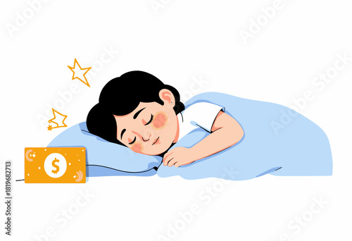 Illustration of a Child Sleeping Peacefully with a Mobile Device Displaying a Dollar Symbol and Stars, Under a Cozy Blue Blanket