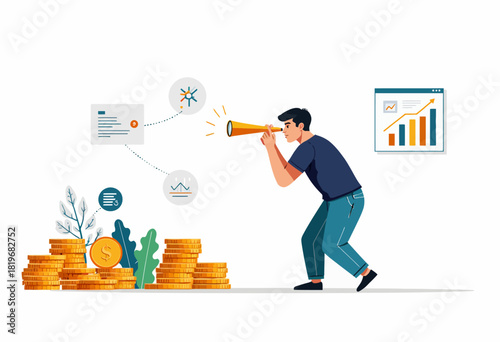 Man with Telescope Analyzing Financial Market Trends and Investments as Stacked Gold Coins Symbolize Growing Economic Prosperity and Wealth