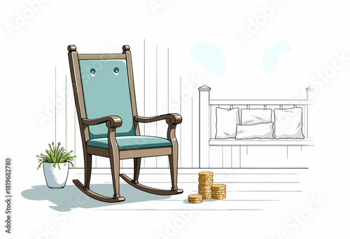 Illustration of a Wooden Rocking Chair with Coins and Plant in a Cozy Minimalist Interior Setting