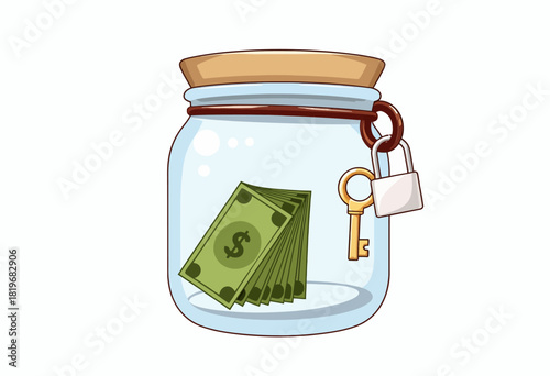 Illustration of a Secured Glass Jar Containing Stack of Dollar Bills with Attached Key Symbolizing Financial Security and Savings