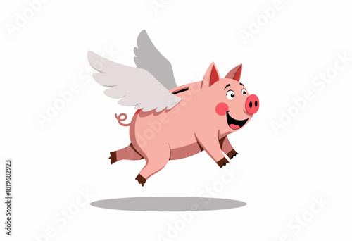 Illustration of a Cheerful Winged Pig Flying Through Air, Symbolizing Impossibilities Turned Possible in a Whimsical Imaginative Setting