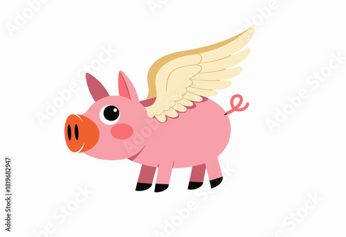 Cartoon Illustration of a Flying Pig with Golden Wings Defying Gravity in a Whimsical and Fantasy-Inspired Scene of Surreal Creativity