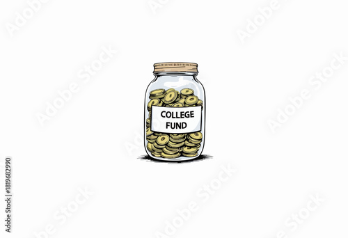 Jar Filled with Coins Labeled 'College Fund' Signifying Savings Towards Higher Education or Tuition Fees Accumulation for Future Academic Expenses