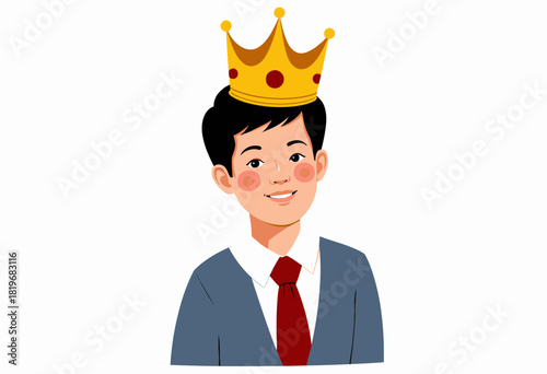 Illustration of a Smiling Young Boy Wearing a Crown with a Blue Suit and Red Tie Emphasizing a Royal and Playful Theme