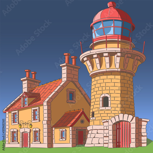 Stone lighthouse and coastal-style home