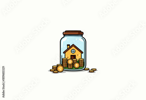 Illustration of a small yellow house enclosed in a glass jar surrounded by stacks of coins symbolizing real estate investment and financial security.