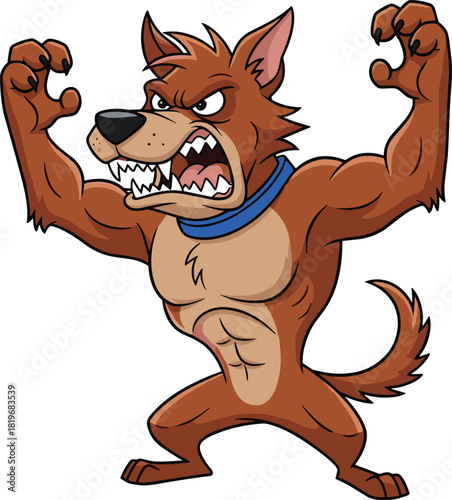 Cartoon muscular dog flexing arms, fierce expression, blue collar, strong anthropomorphic character, flat vector illustration for comics