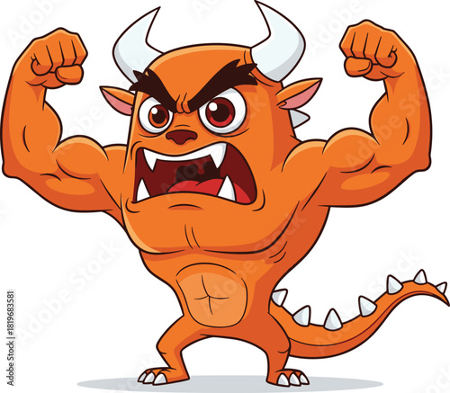 Cartoon muscular orange monster with horns, sharp teeth, fierce expression, flexing pose, humorous fantasy character, flat vector illustration