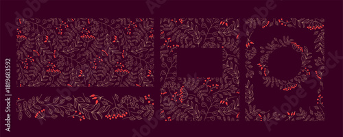 Natural seamless pattern, borders with red Berries, twigs. Floral winter vector Designs for wallpaper, wrapping, scrapbooking, card, invitation. Christmas backgrounds. Botanical doodle backgrounds