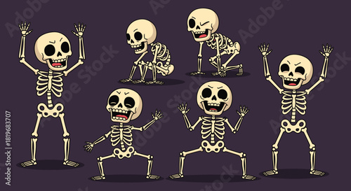 Cartoon skeletons dancing in expressive poses, humorous Halloween theme, exaggerated skulls and movement, flat vector illustration on dark background