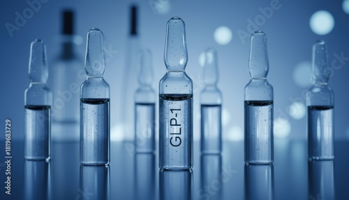 Glass ampoules labeled glp 1 standing in a row, symbolizing new injectable weight loss drugs and diabetes treatment reshaping modern healthcare trends