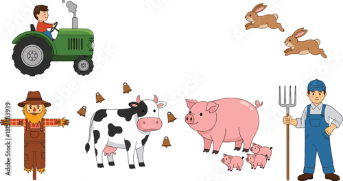 Farm scene with animals, tractor, farmer, piglets, cow, scarecrow, rabbits, child driving, educational countryside theme, flat vector illustration