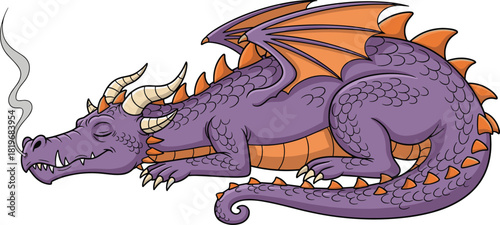 Sleeping cartoon dragon with purple scales, orange wings, curled tail, puff of smoke, fantasy creature, flat vector illustration
