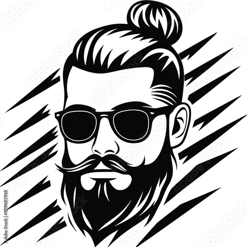 Black and white stylized portrait shows a man bun, beard, mustache and sunglasses
