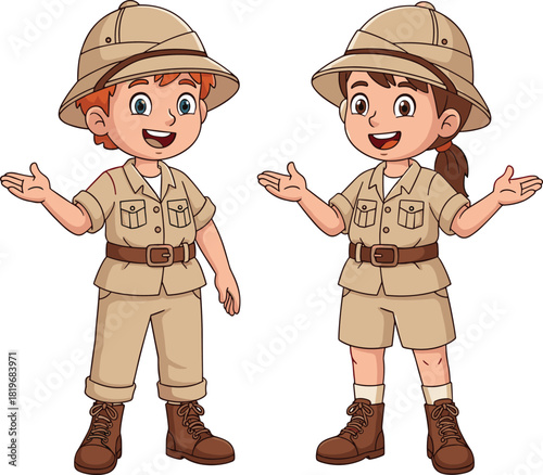 Safari explorers cartoon characters in jungle outfit, adventure gear, pith helmet, boots, smiling pose, educational nature theme, flat vector illustration