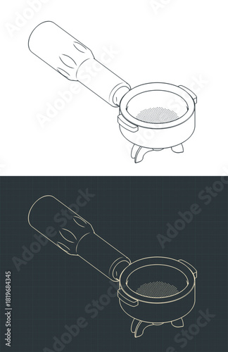 Double mouthed coffee portafilter isometric drawings
