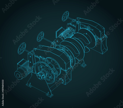 Mooring winch isometric blueprint illustration
