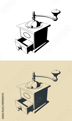 Old manual coffee grinder machine illustrations