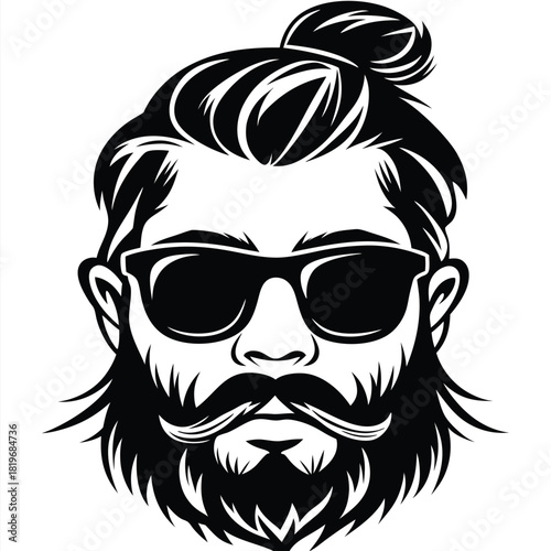 Bearded man with topknot hairstyle wears sunglasses in a detailed monochrome vector