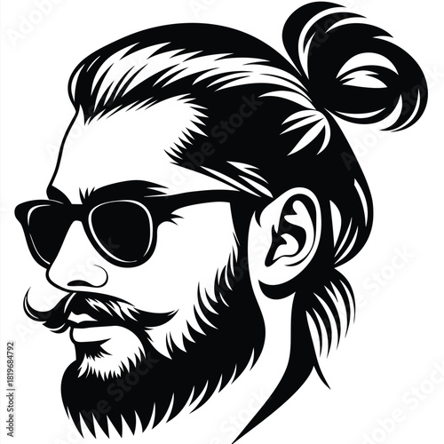 Man with beard and mustache wearing sunglasses looks to the left profile